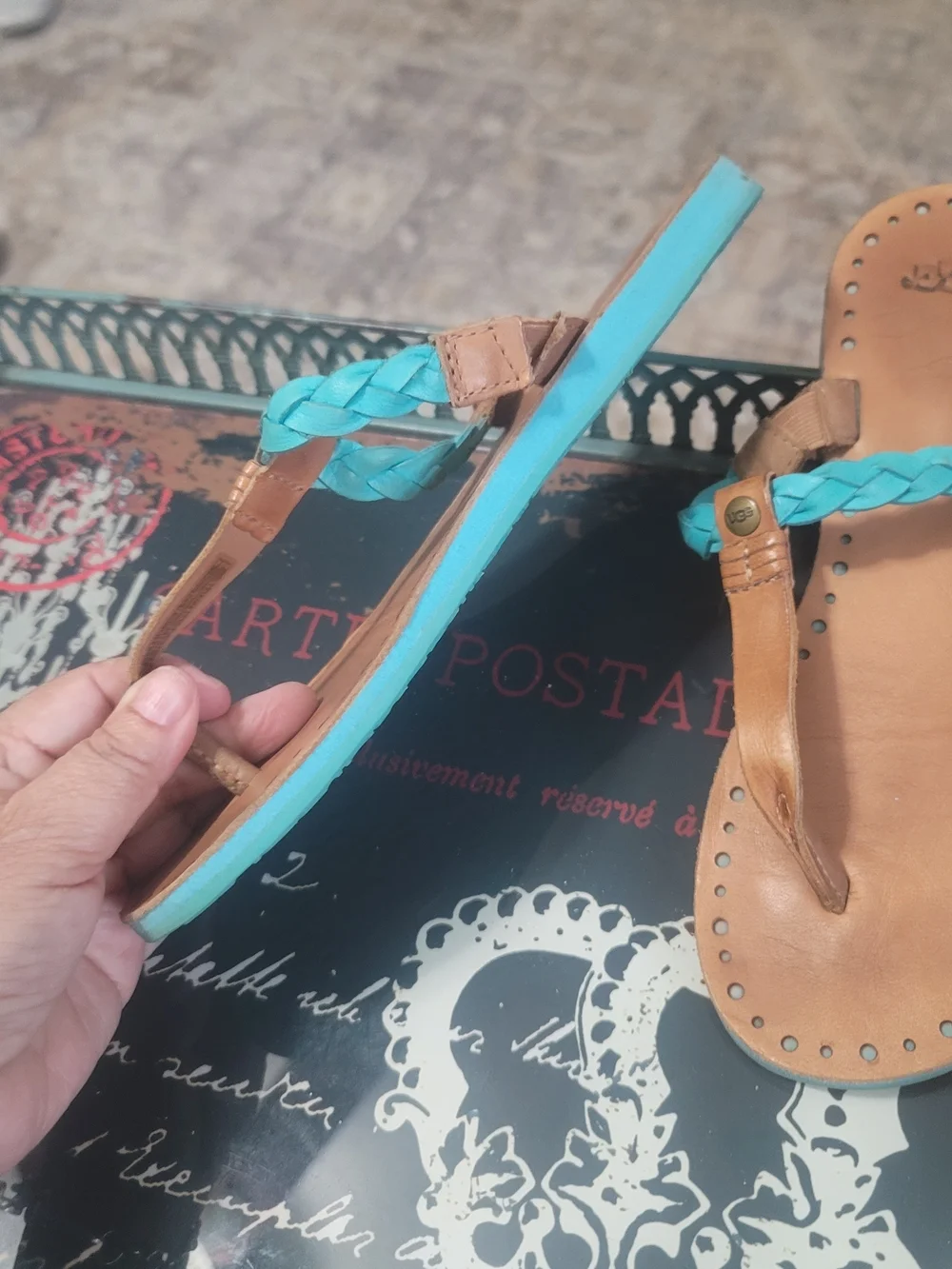 UGG Women’s Tan Leather Sandals with Turquoise Braid